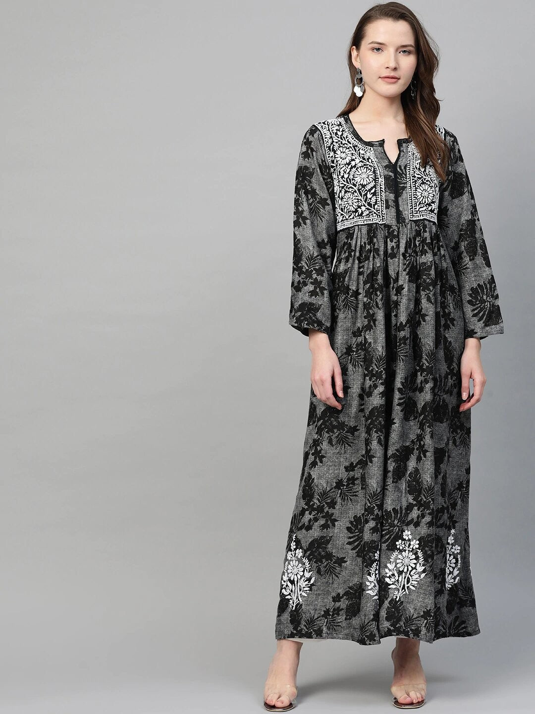 Ada Hand Embroidered Black Cotton Lucknowi Chikankari A Line Kurta A100459