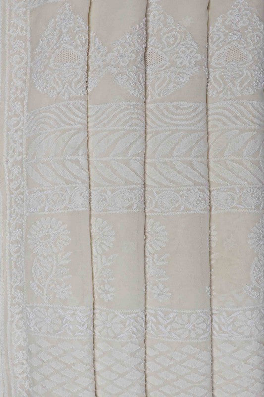 Ada Hand Embroidered Smoky White Pure Georgette Lucknowi Chikankari Saree with Blouse A593631