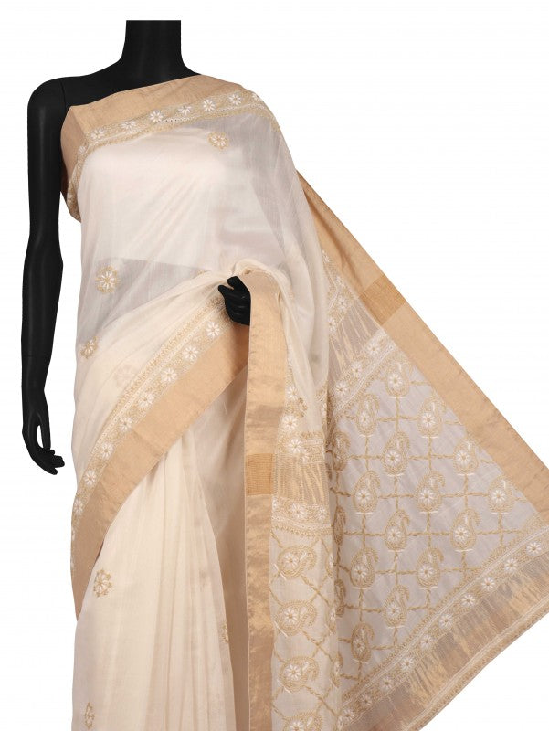 Ada Hand Embroidered Cream Chanderi Lucknowi Chikankari Saree With Blouse A606182