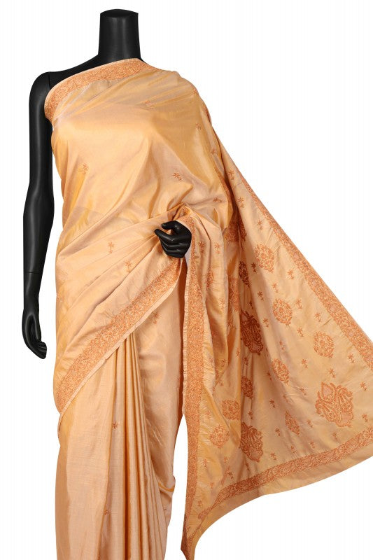 Ada Hand Embroidered Natural Dark Fawn Silk Lucknowi Chikankari Saree With Blouse 01A77505