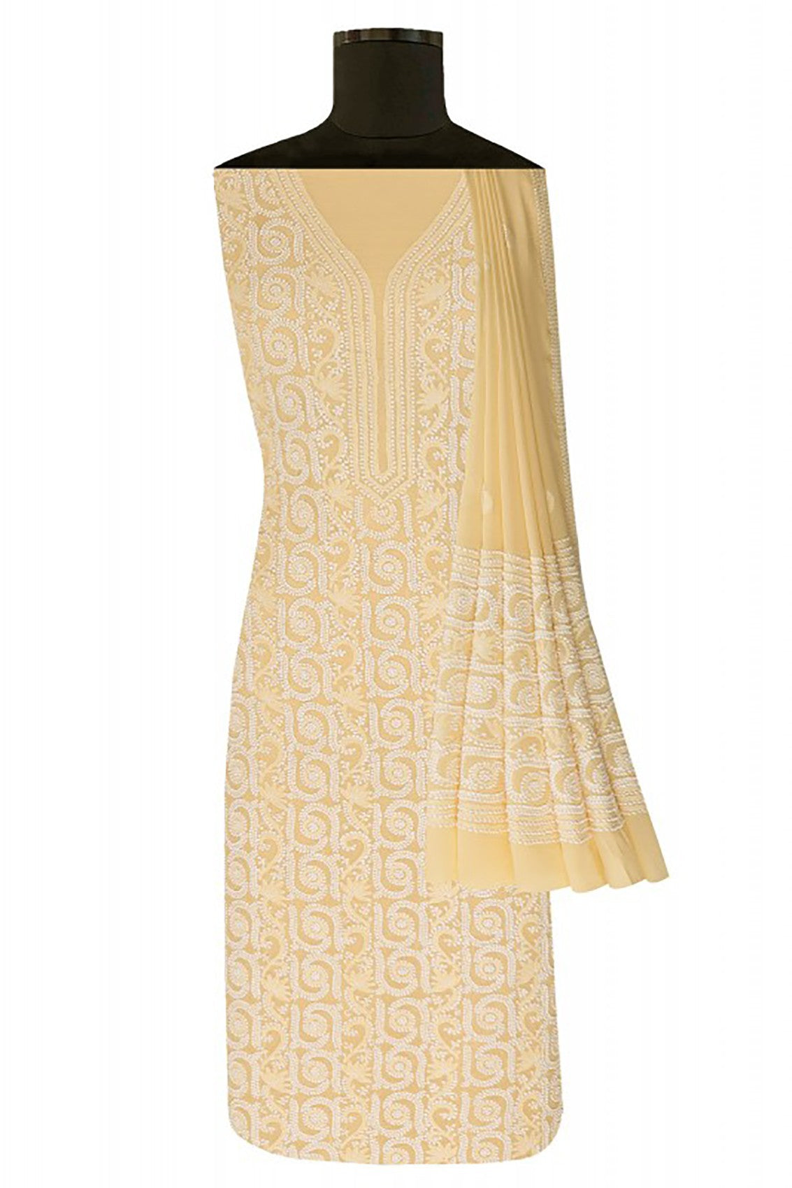 Ada Hand Embroidered Vanilla Yellow Pure Georgette Lucknowi Chikankari Unstitched Kurta Dupatta Set A49697