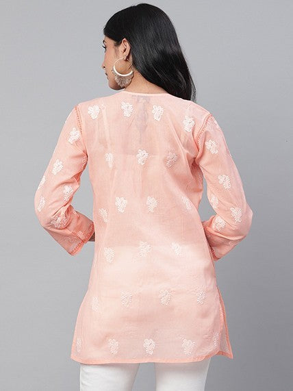 Ada Hand Embroidered Peach Cotton Lucknowi Chikankari Short Kurti A273726