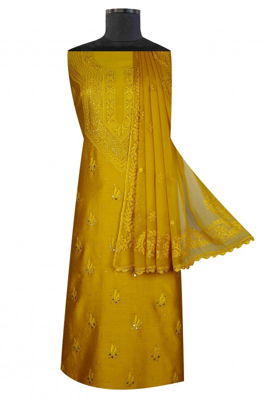 Ada Hand Embroidered Mustard Georgette Lucknowi Chikan Unstitched Kurta Dupatta Set With Muqaish Work A394927
