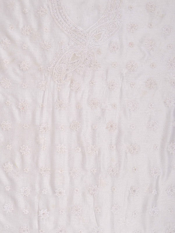 Ada Hand Embroidered White Chanderi Lucknowi Chikan Unstitched Kurta Dupatta Set A594194