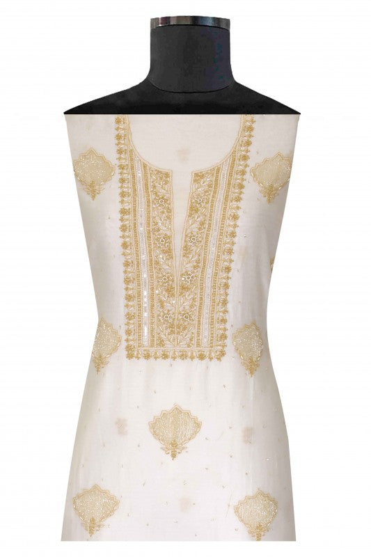 Ada Hand Embroidered Off White Chanderi Lucknowi Chikankari Unstitched Kurta Dupatta Set With Pearl Work 01A86296