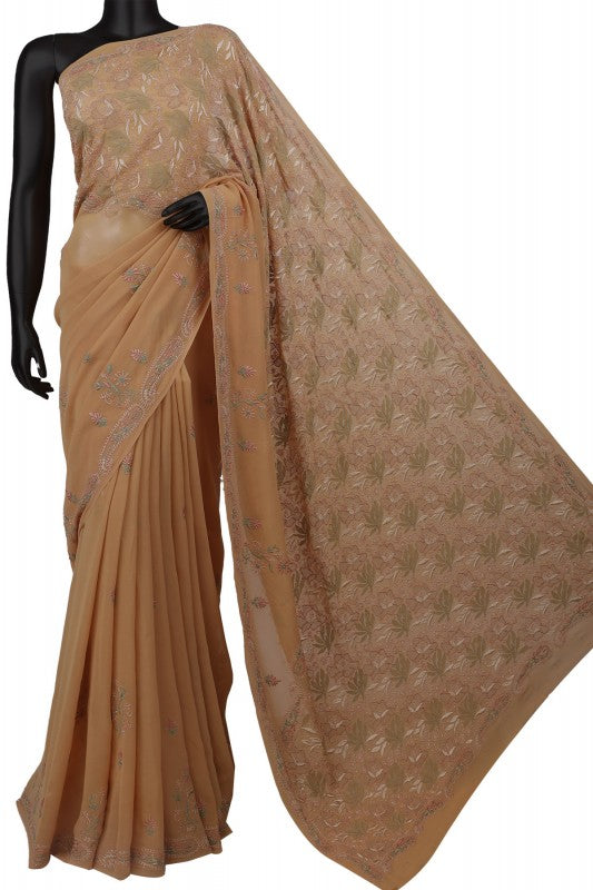 Ada Hand Embroidered Carmel Brown Pure Georgette Lucknowi Chikankari Saree With Blouse- A600528