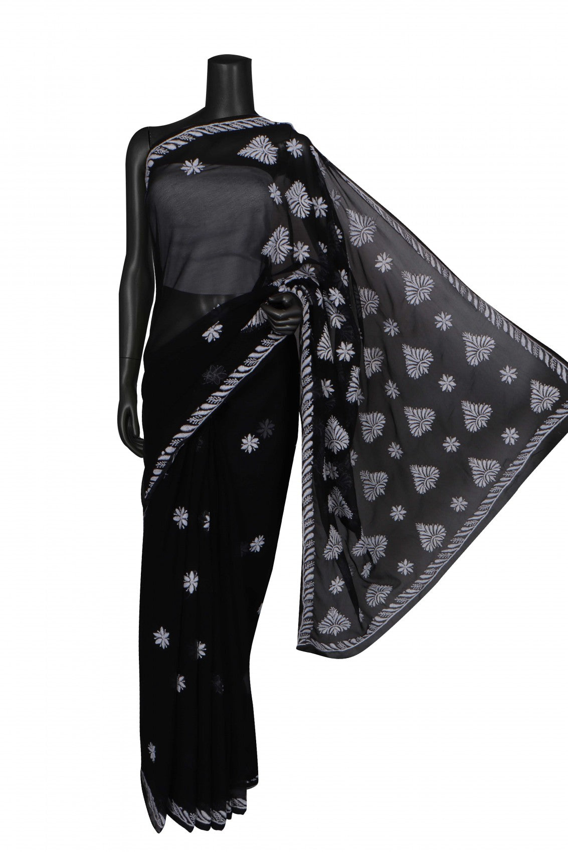 Ada Hand Embroidered Black Georgette Lucknowi Chikankari Saree With Blouse A564485