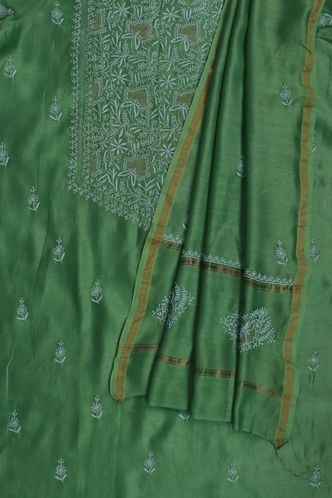 Ada Hand Embroidered Pickle Green Chanderi Lucknowi Chikankari Semi-stitched Kurta Dupatta Set With Zari Work 01A129514