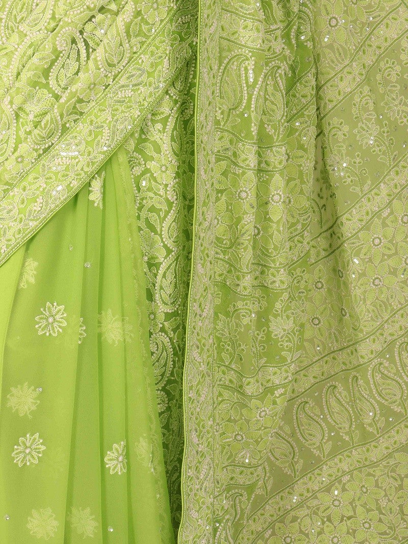 Ada Hand Embroidered Green Georgette Lucknowi Chikankari Saree/Blouse with Sequinned Work A600501