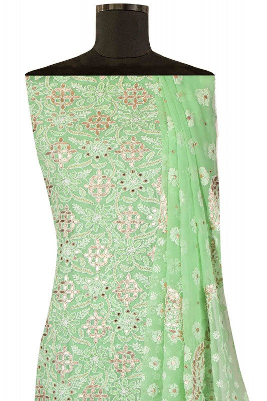 Ada Hand Embroidered Mint Green Georgette Lucknowi Chikan Unstitched Kurta Dupatta with Gota Patti Work A406297