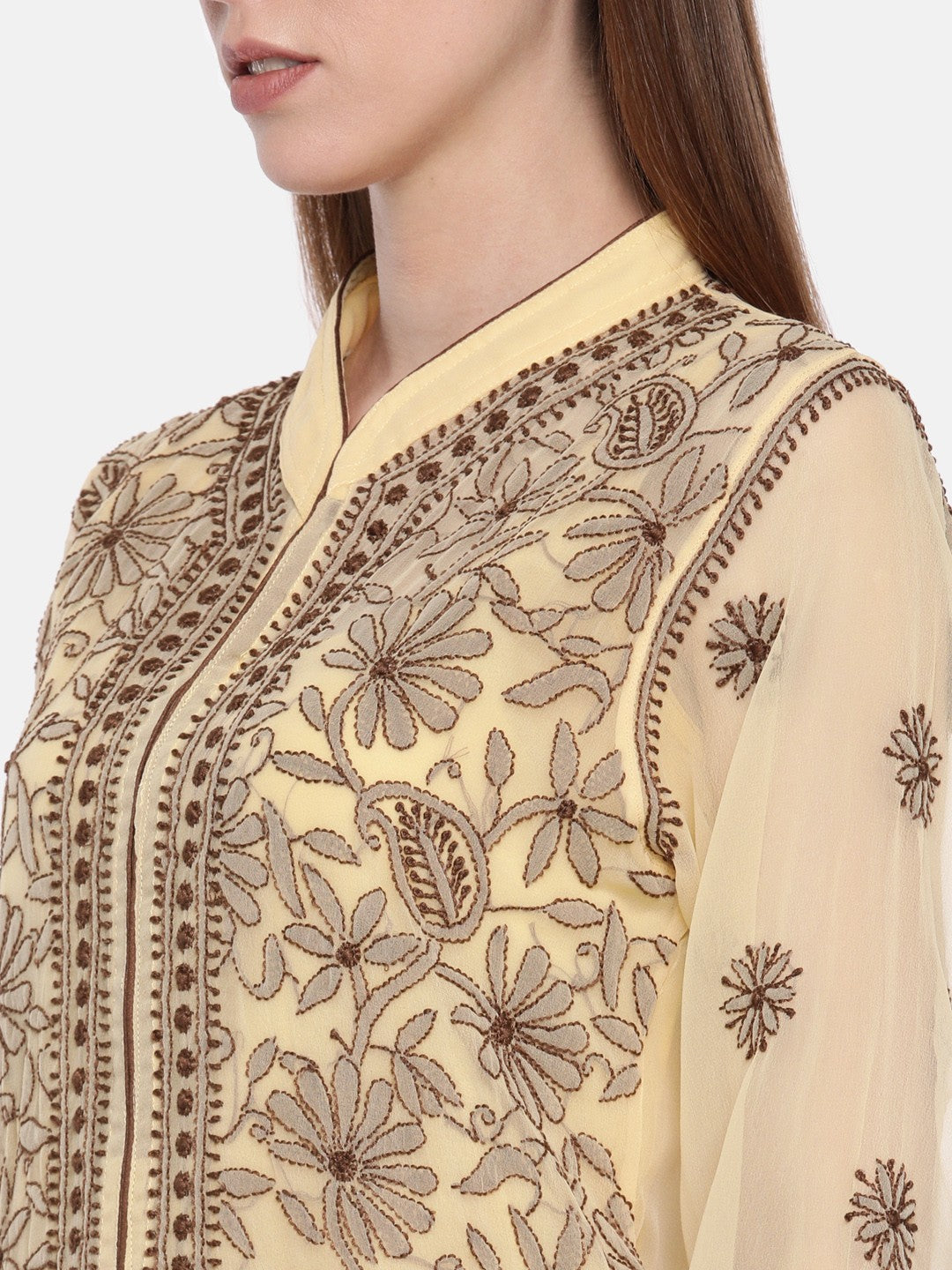Ada Hand Embroidered Fawn Georgette Lucknow Chikan Straight Kurta with Slip A224909