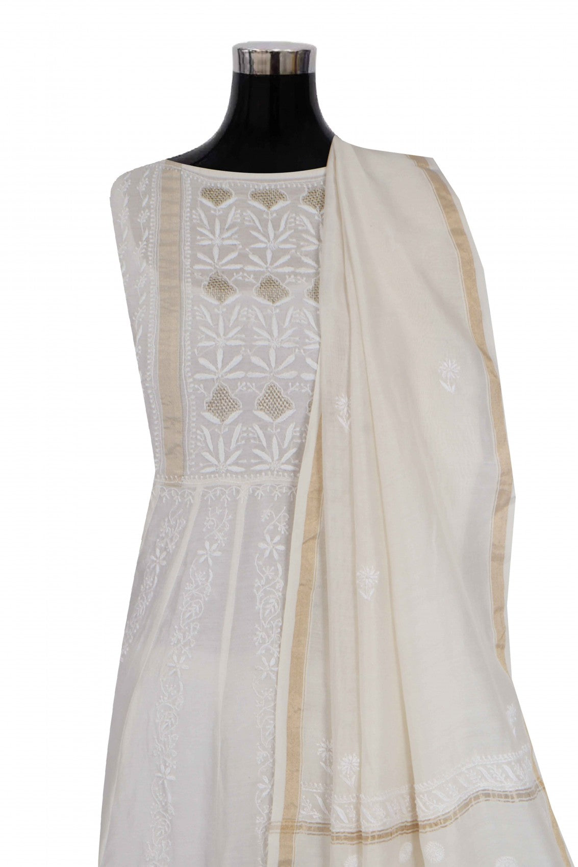 Ada Hand Embroidered Off White Chanderi Lucknowi Chikankari Semi-Stitched Anarkali Kurta Dupatta Set With Zari Work 01A264077