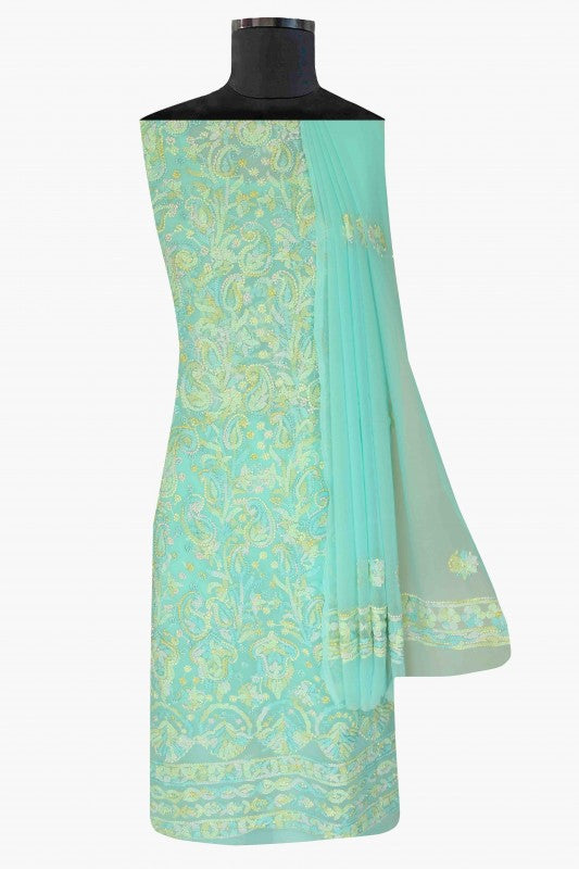 Ada Hand Embroidered Sea Green Georgette Lucknowi Chikan Unstitched Suit Piece-A211175