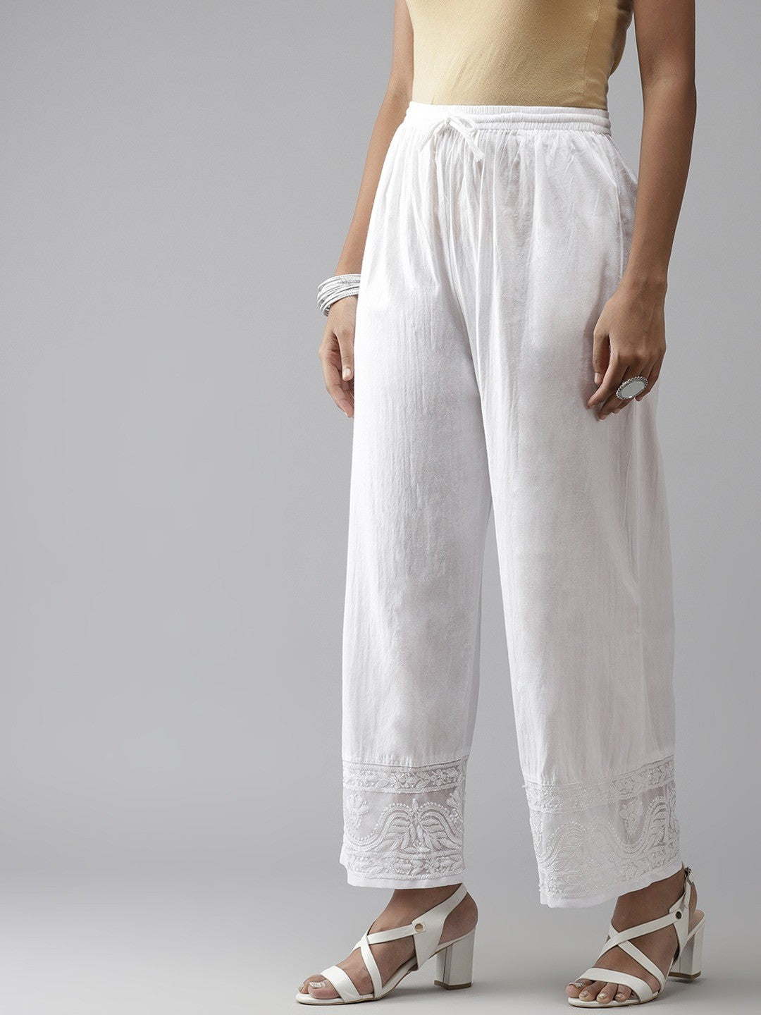 Ada Hand Embroidered White Cotton Lucknowi Chikankari Palazzo A711139