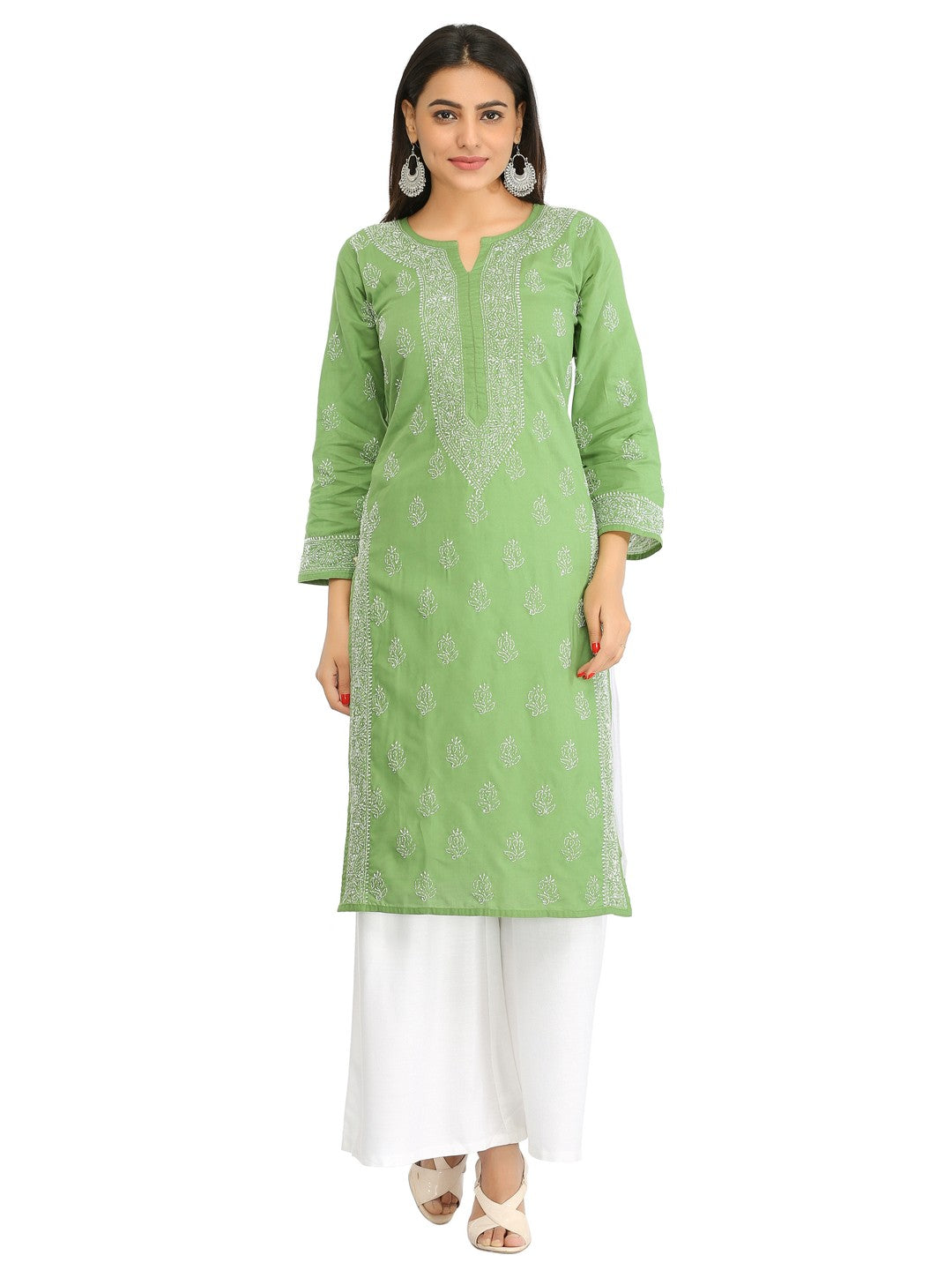 Ada Hand Embroidered Green Cotton Lucknow Chikan Straight Kurta A321387