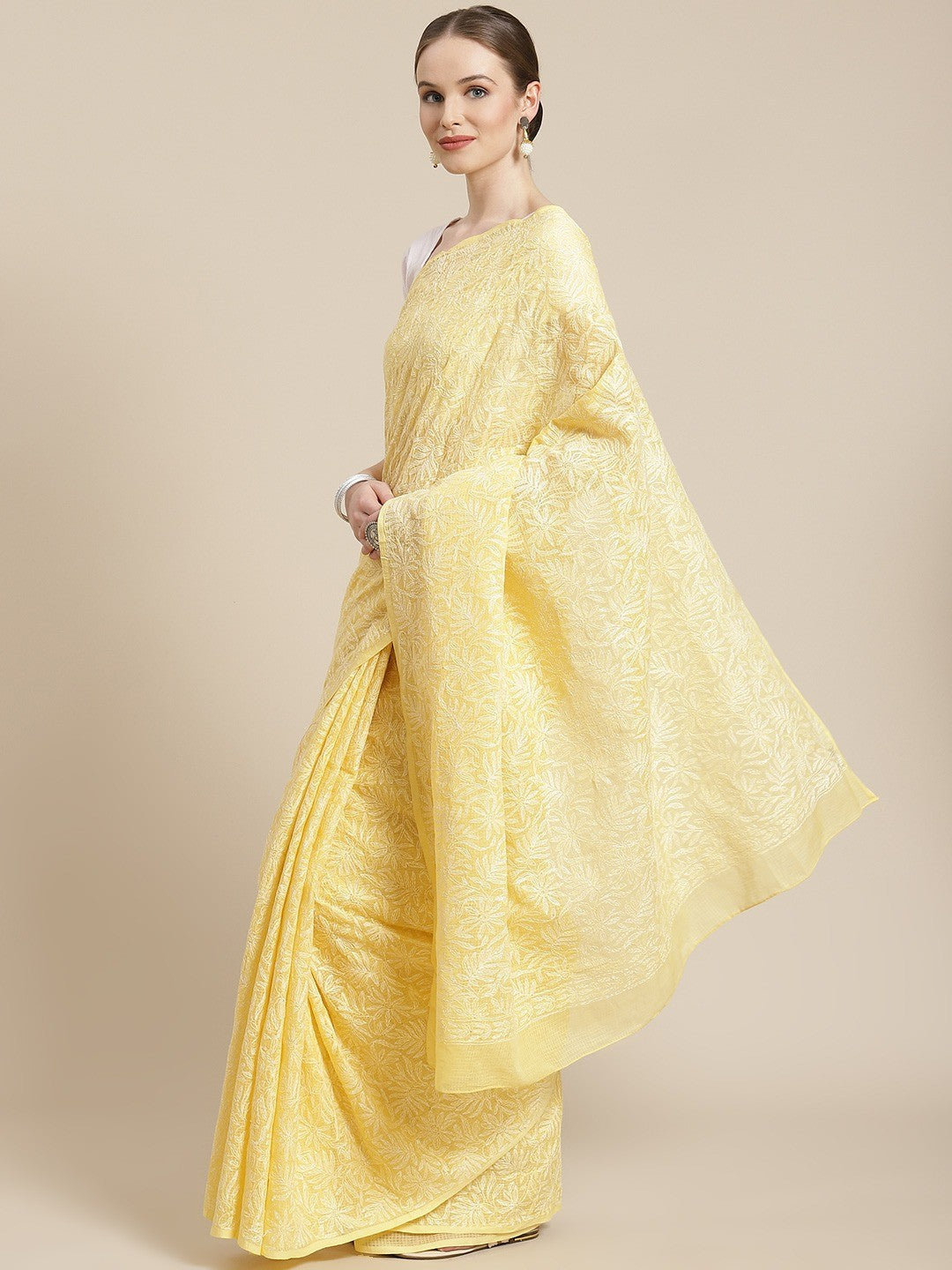 Ada Hand Embroidered Yellow Kota Lucknow Chikan Saree With Blouse- A311228