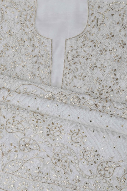 Ada Hand Embroidered White Georgette Lucknowi Chikan Unstitched Kurta Dupatta Set with Gotapatti & Zari Work A336652