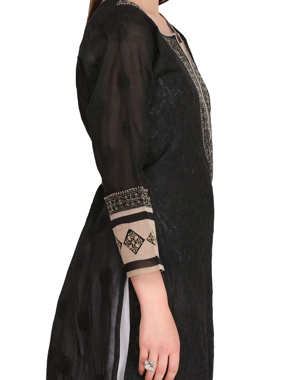 Ada Hand Embroidered Black Cotton Lucknowi Chikankari Straight Kurta- A273556