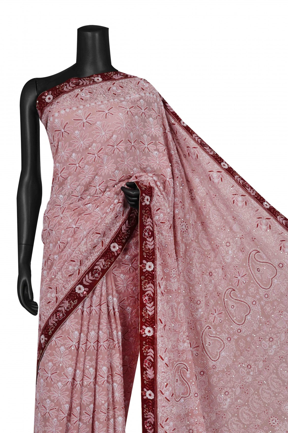 Ada Hand Embroidered Onion Pink Pure Georgette Lucknowi Chikankari Saree/Blouse With Cutdana Work 01A114645