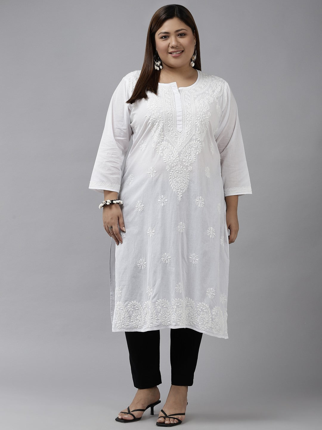 Ada Hand Embroidered White Cotton Lucknowi Chikankari Straight Kurta A213461