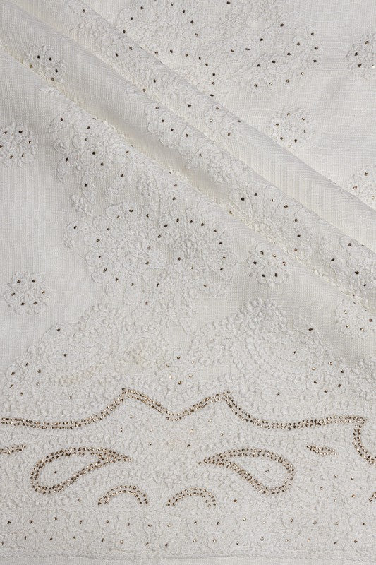 Ada Hand Embroidered White Kota Lucknowi Chikan Unstitched Kurta Piece With Muqaish Work- A623145