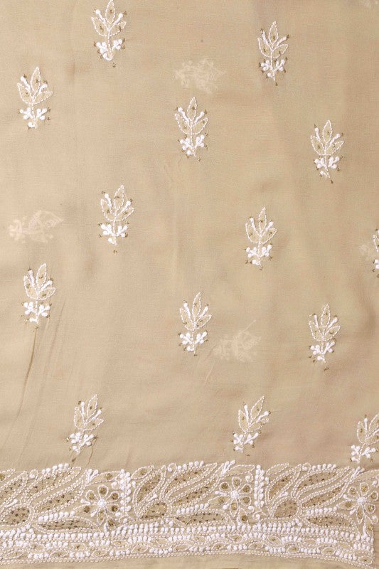 Ada Hand Embroidered Fawn Pure Georgette Lucknowi Chikan Unstitched Kurta Dupatta Set with Muqaish Work A595019