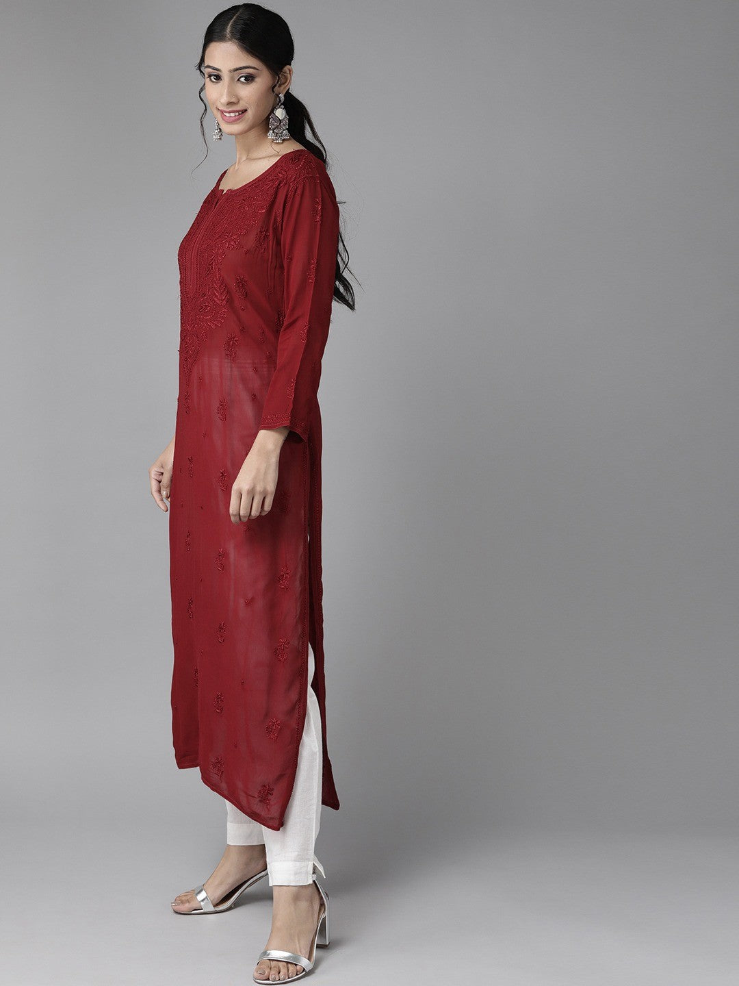 Ada Hand Embroidered Maroon Georgette Lucknowi Chikan Kurta A411183