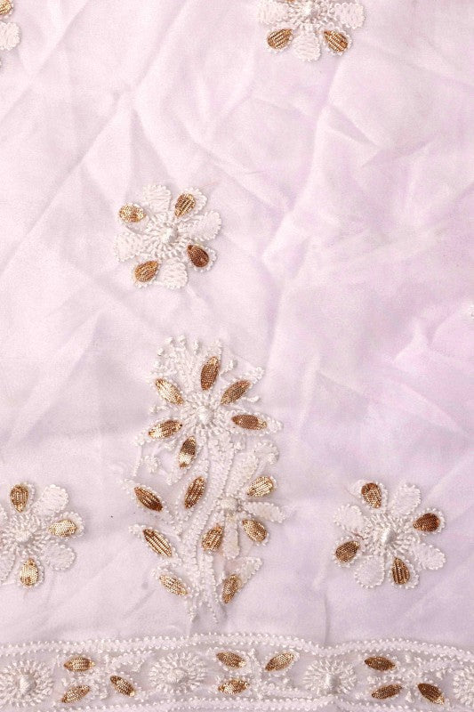 Ada Hand Embroidered White Georgette Lucknowi Chikan Unstitched Suit Piece with Gota Patti Work A428256