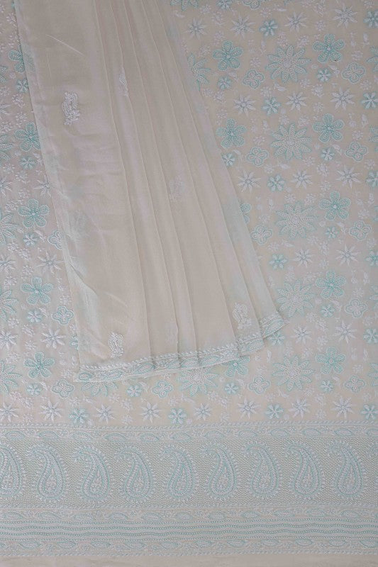 Ada Hand Embroidered Smoke White Pure Georgette Lucknowi Chikan Unstitched Kurta Dupatta–A609242