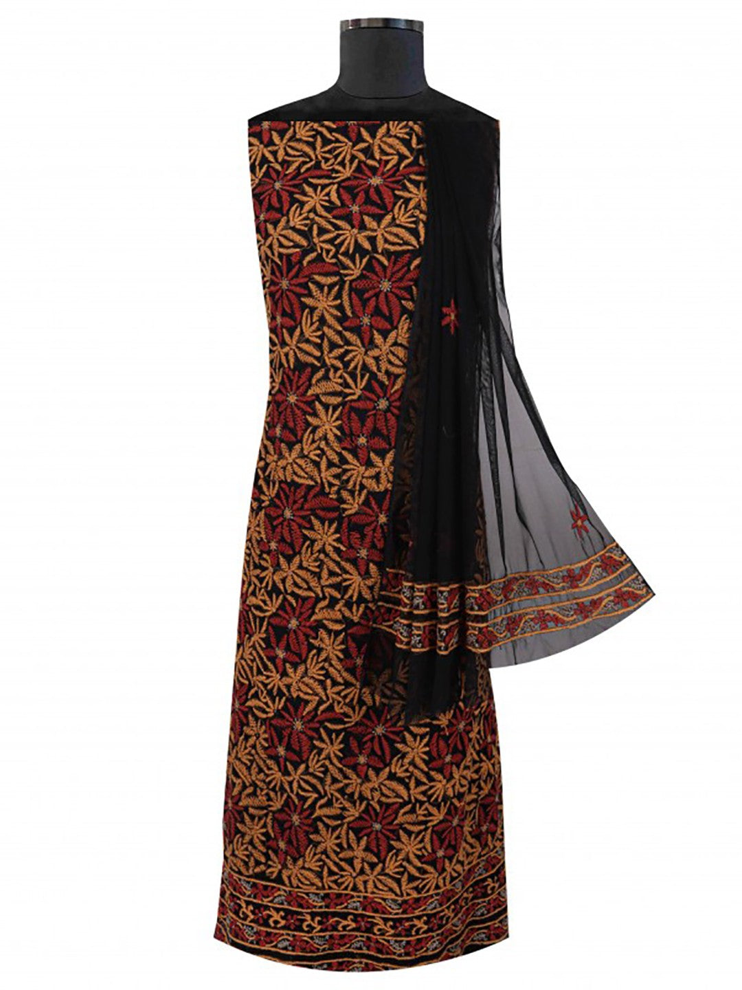 Ada Hand Embroidered Black Net Lucknowi Chikankari Unstitched Kurta Dupatta Set A103739