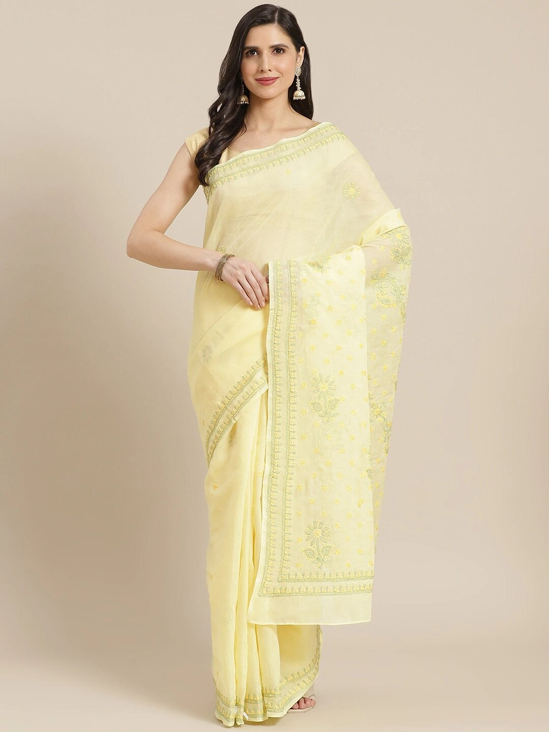Ada Hand Embroidered Lemon Cotton Lucknow Chikan Saree With Blouse- A311314