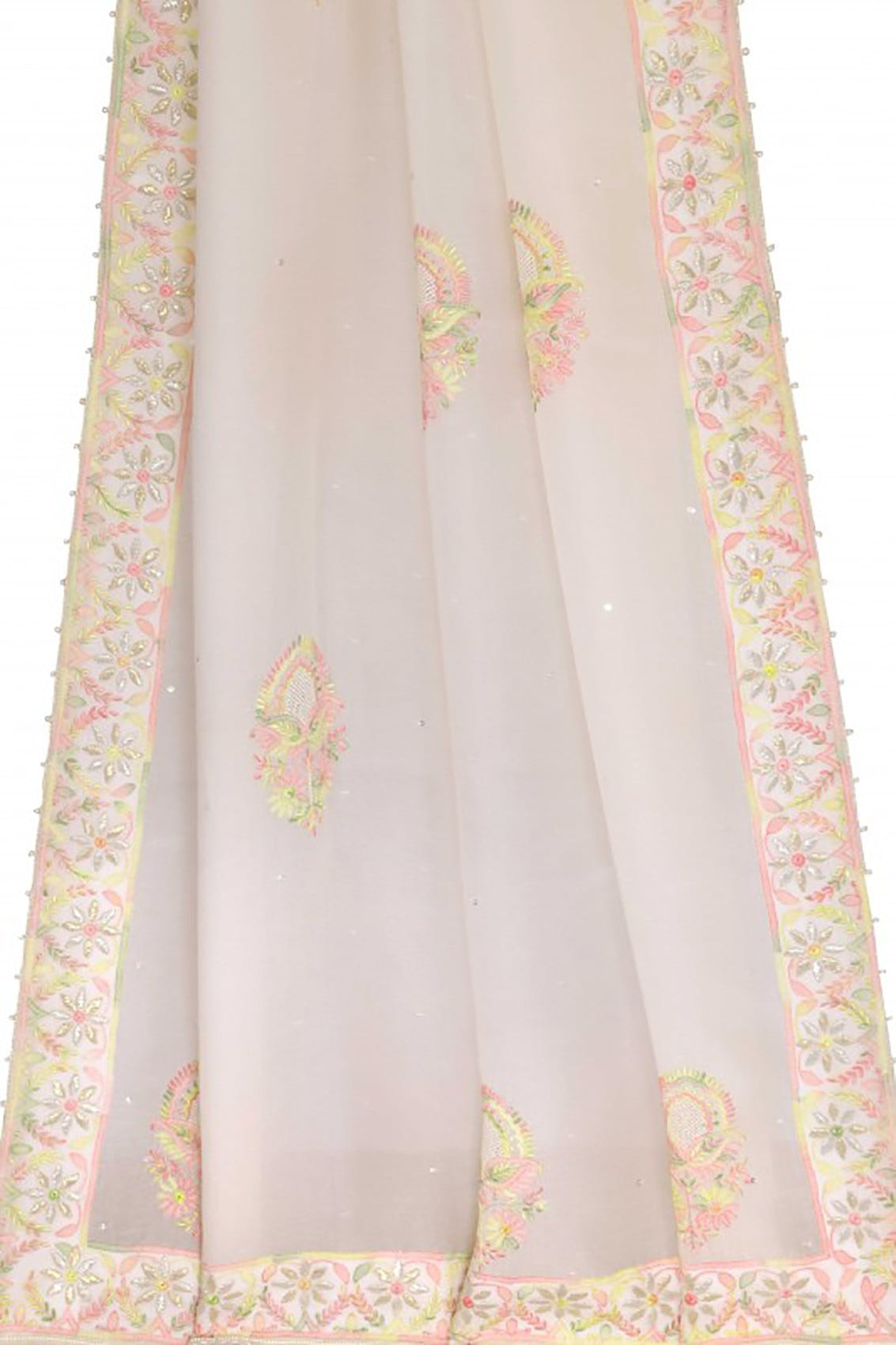 Ada Hand Embroidered Off White Organza Lucknowi Chikankari Dupatta With Gota Patti Work A600707