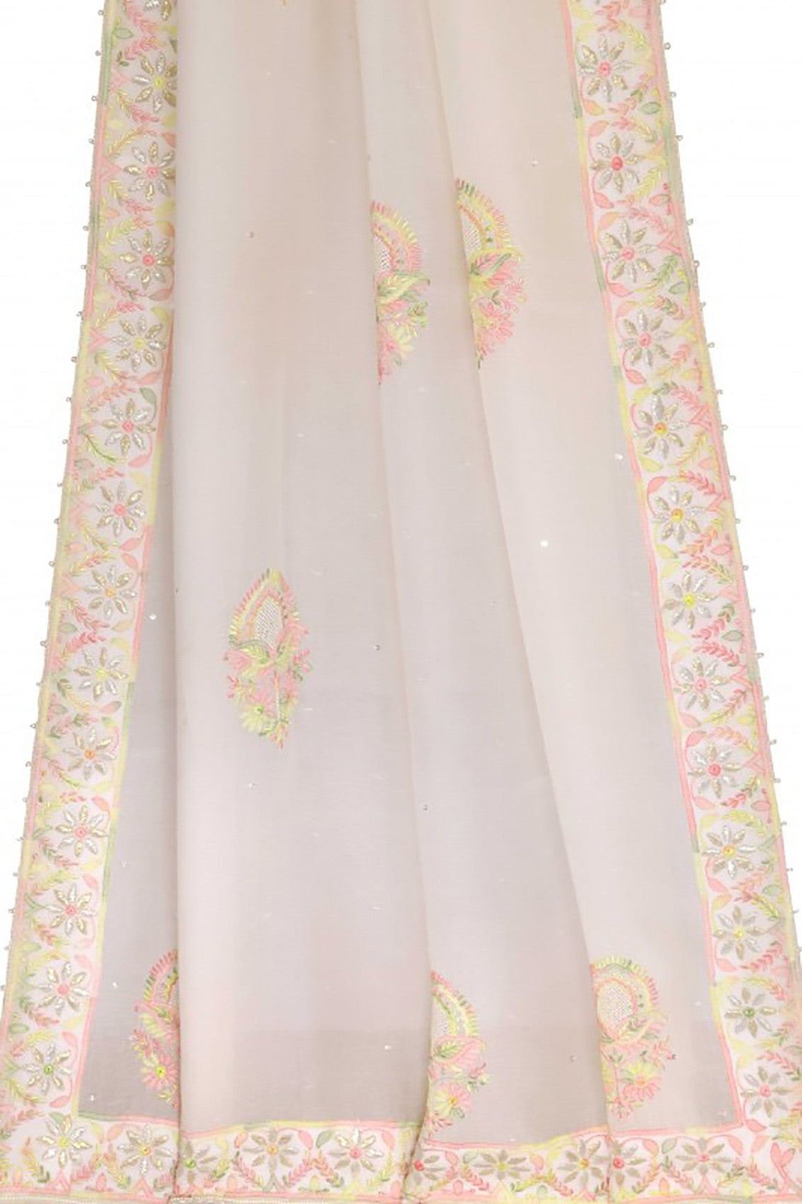 Ada Hand Embroidered Off White Organza Lucknowi Chikankari Dupatta With Gota Patti Work A600707