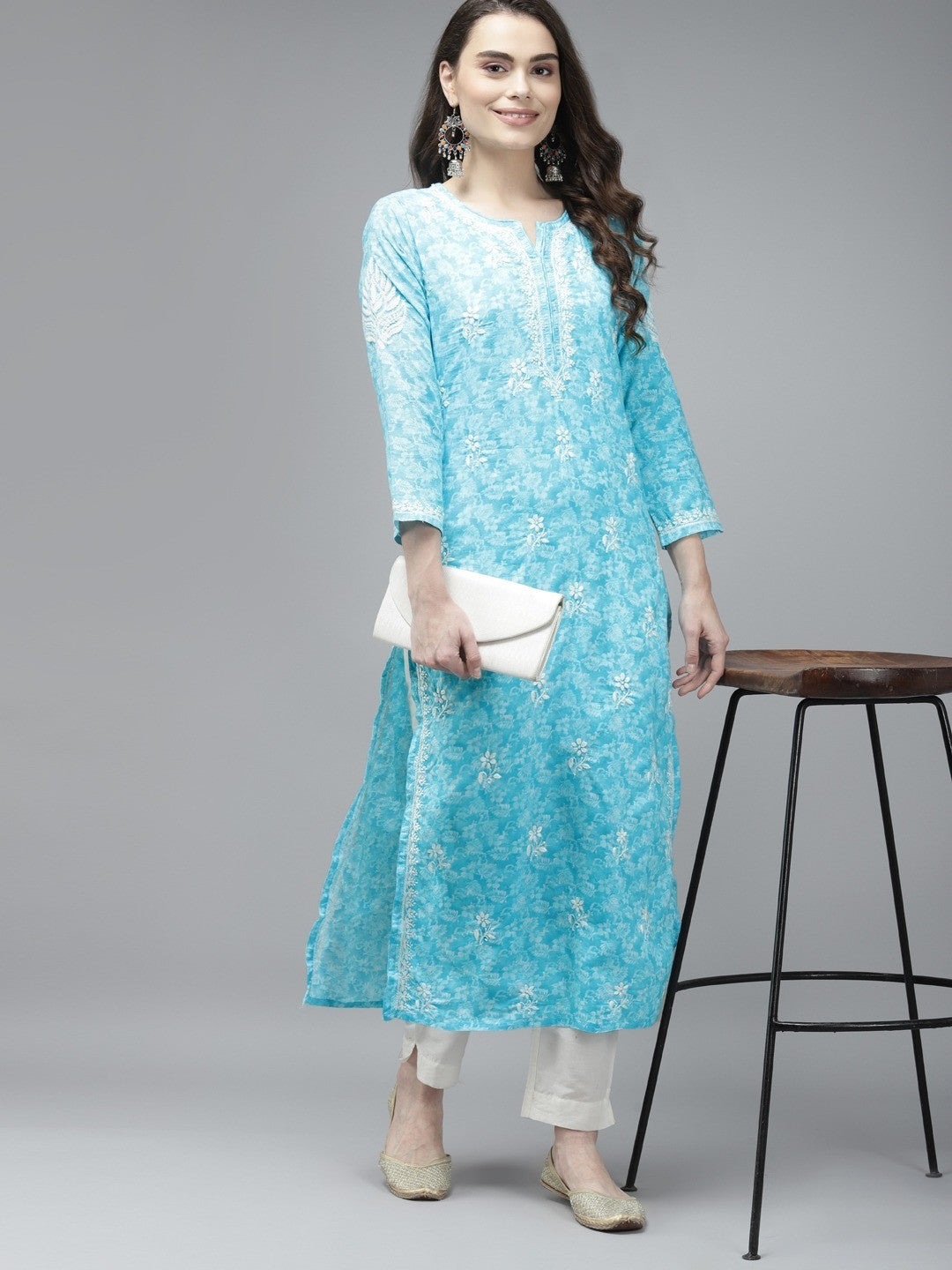 Ada Hand Embroidered Blue Cotton Lucknow Chikankari Kurta A411380