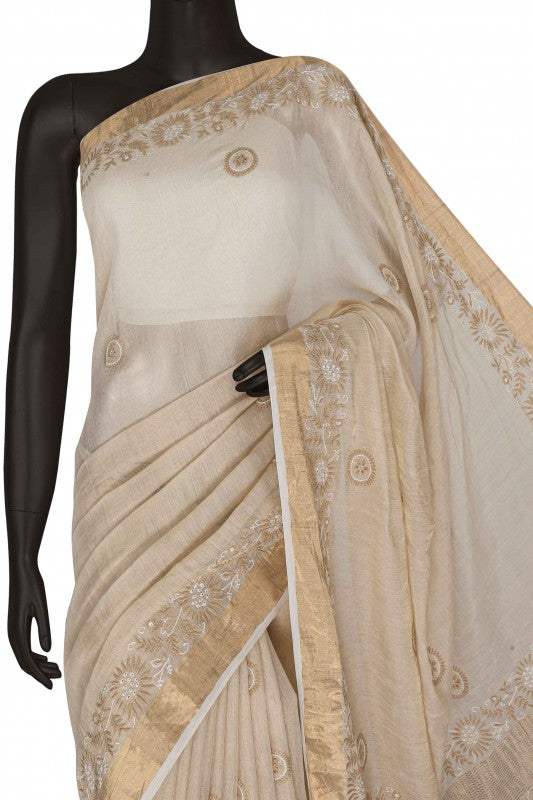 Ada Hand Embroidered Natural Fawn Tissue Lucknowi Chikankari Saree With Blouse A615145