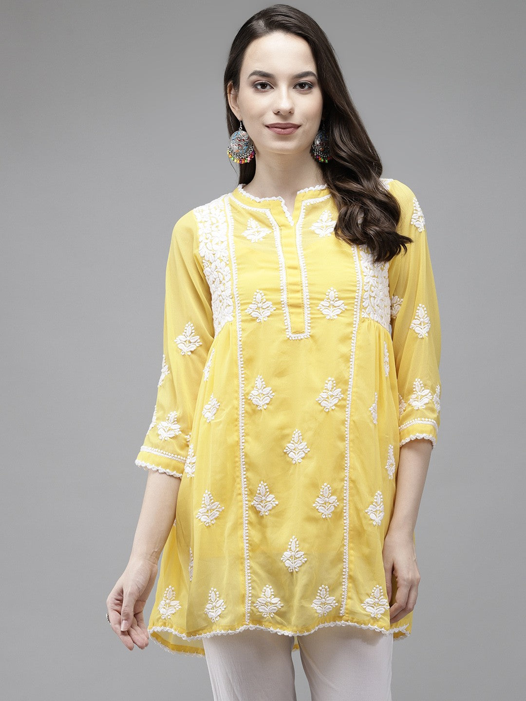 Ada Hand Embroidered Yellow Georgette Lucknowi Chikankari Flared Kurti With Slip A911145
