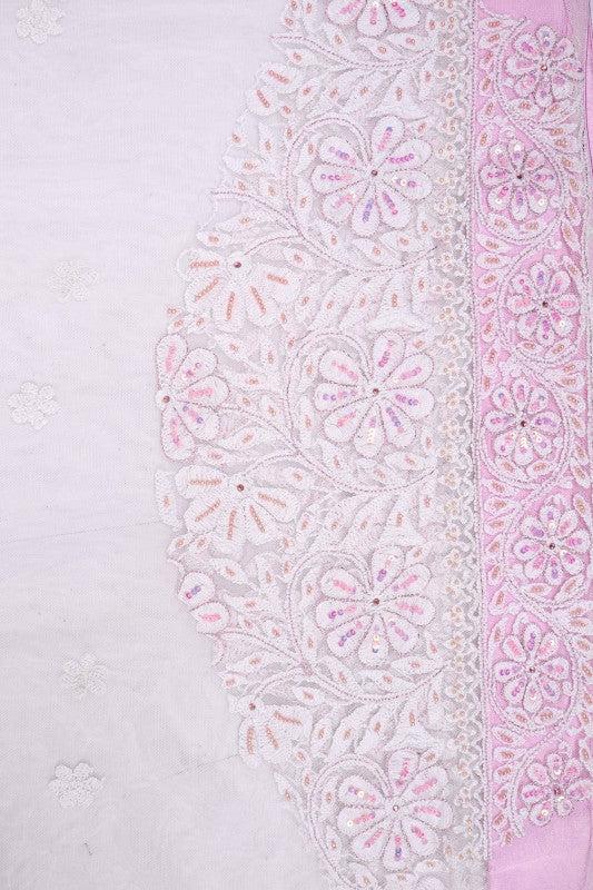 Ada Hand Embroidered White Net Lucknowi Chikankari Saree/Blouse With Pearl Work A1156