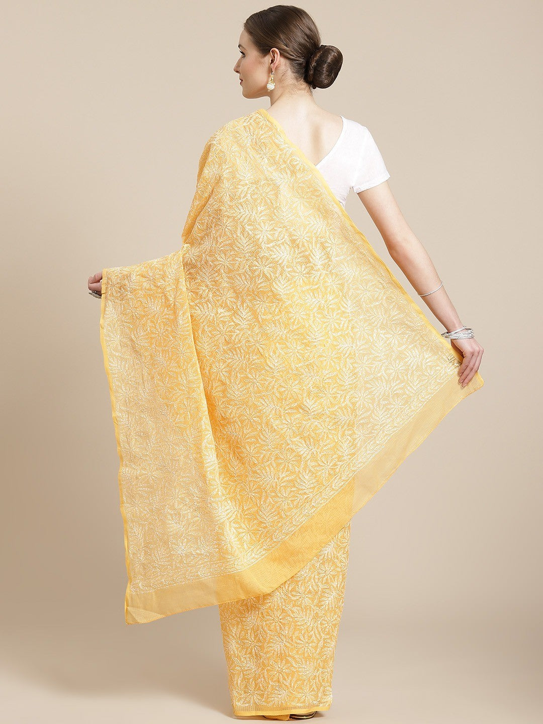 Ada Hand Embroidered Mustard Kota Lucknow Chikan Saree With Blouse- A311226
