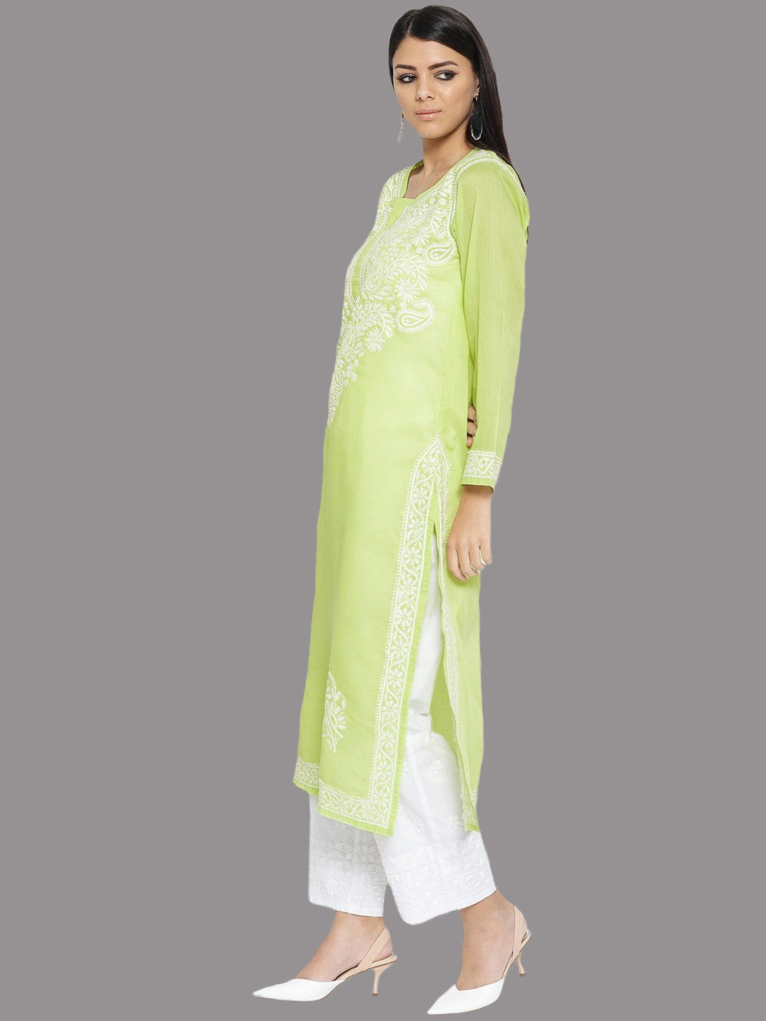 Ada Hand Embroidered Green Cotton Lucknowi Chikankari Kurta Set A100129