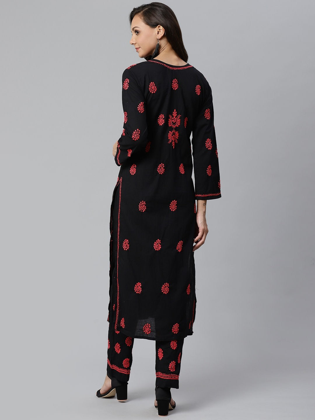 Ada Hand Embroidered Black Lucknowi Chikankari Straight Kurta With Palazzo Set A100405