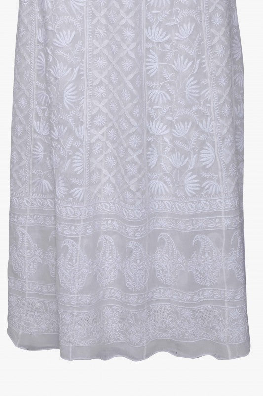 Ada Hand Embroidered White Pure Georgette Lucknowi Chikankari Semi-stitched Anarkali Kurta Dupatta – A583363