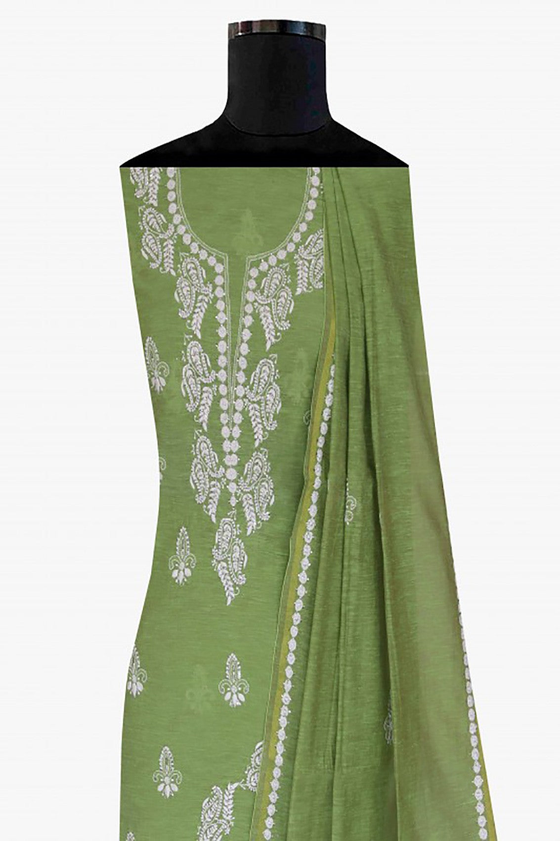 Ada Hand Embroidered Pear Green Khadi Lucknowi Chikankari Unstitched Suit Piece With Muqaish Work 01A10300