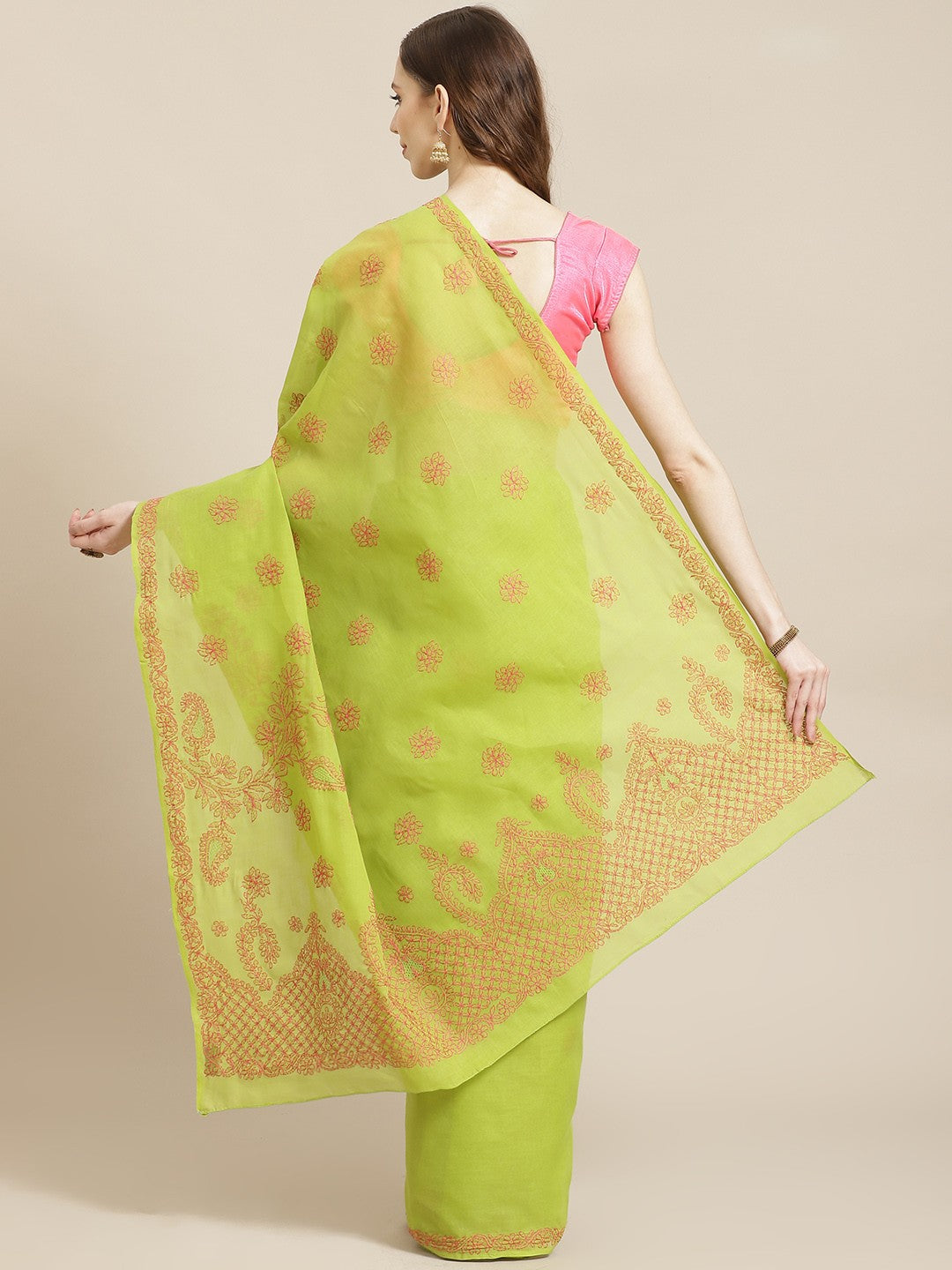 Ada Hand Embroidered Green Cotton Lucknow Chikan Saree With Blouse-A311220