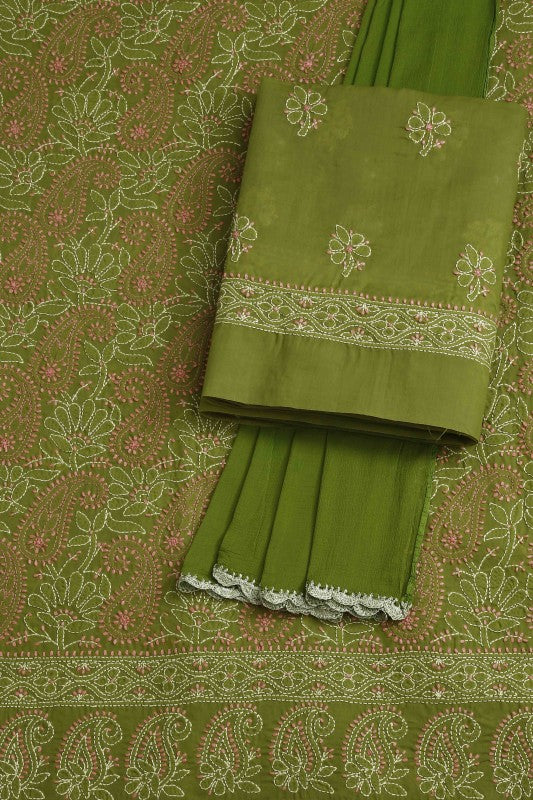 Ada Hand Embroidered Green Cotton Lucknowi Chikan Unstitched Suit Piece–A100245