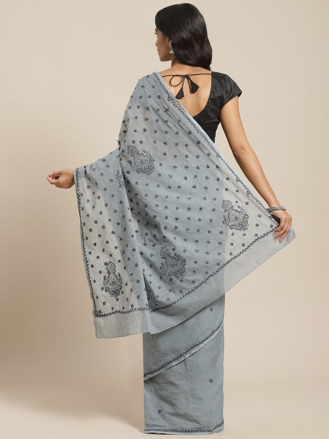 Ada Hand Embroidered Grey Kota Lucknow Chikan Saree With Blouse- A311123