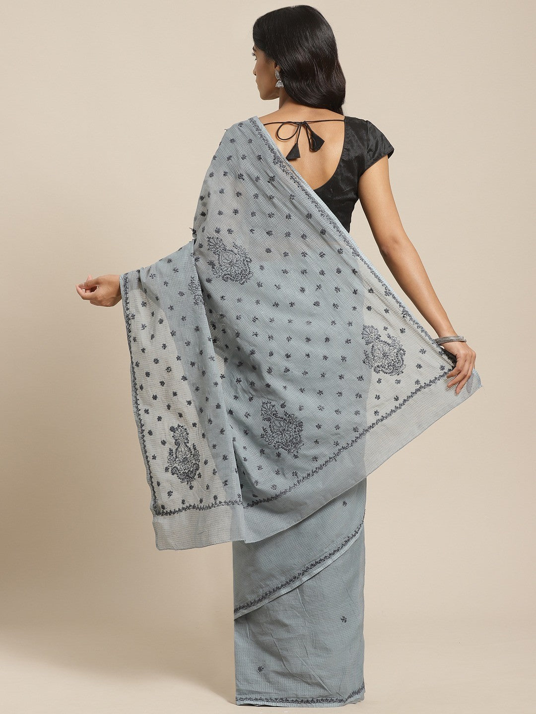 Ada Hand Embroidered Grey Kota Lucknow Chikan Saree With Blouse- A311123