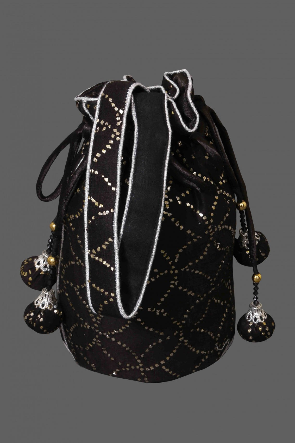 Ada Hand Embroidered Black Chanderi Lucknowi Chikankari Potli Bag With Muqaish Work 01A66911