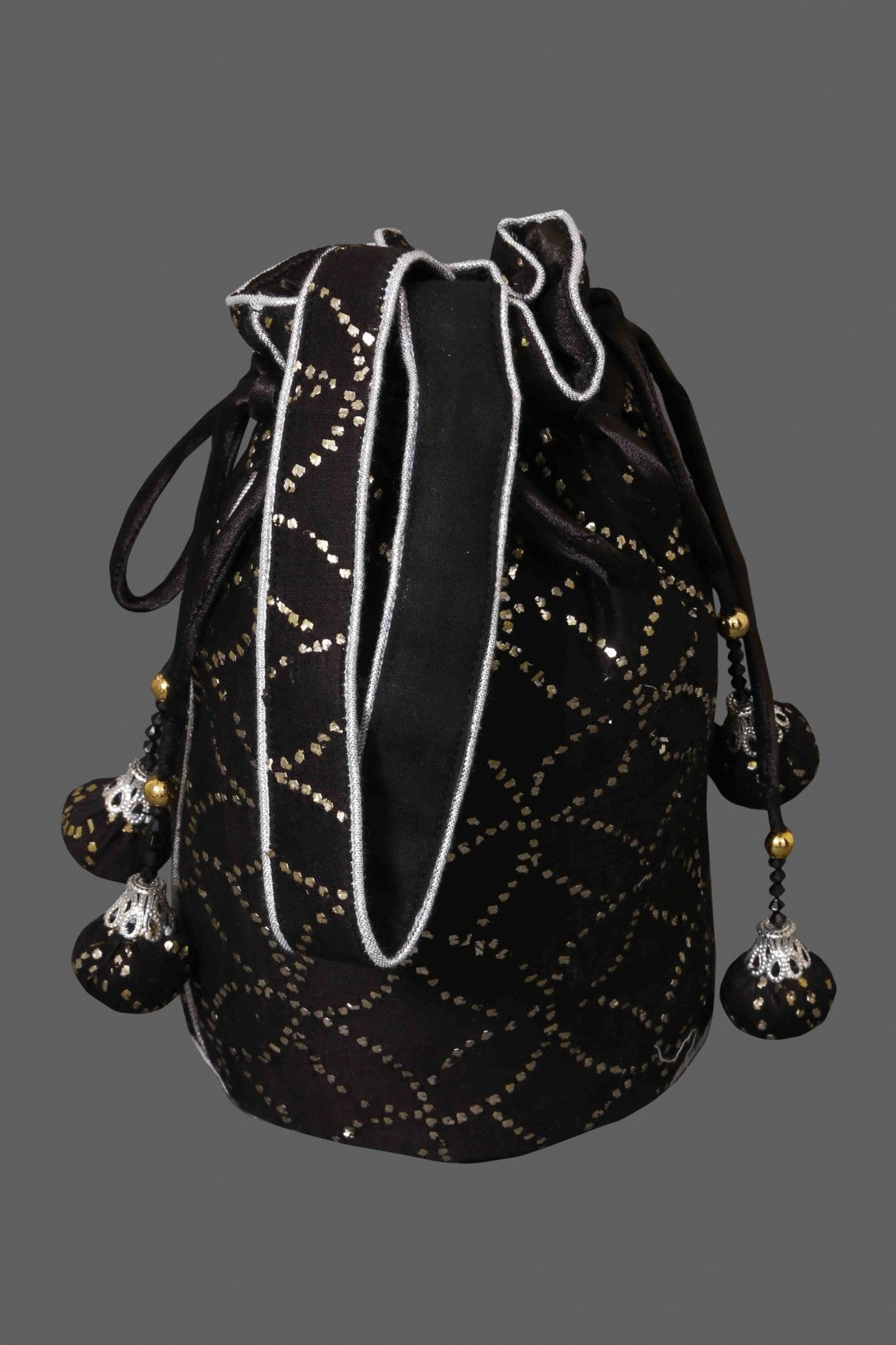 Ada Hand Embroidered Black Chanderi Lucknowi Chikankari Potli Bag With Muqaish Work 01A66911