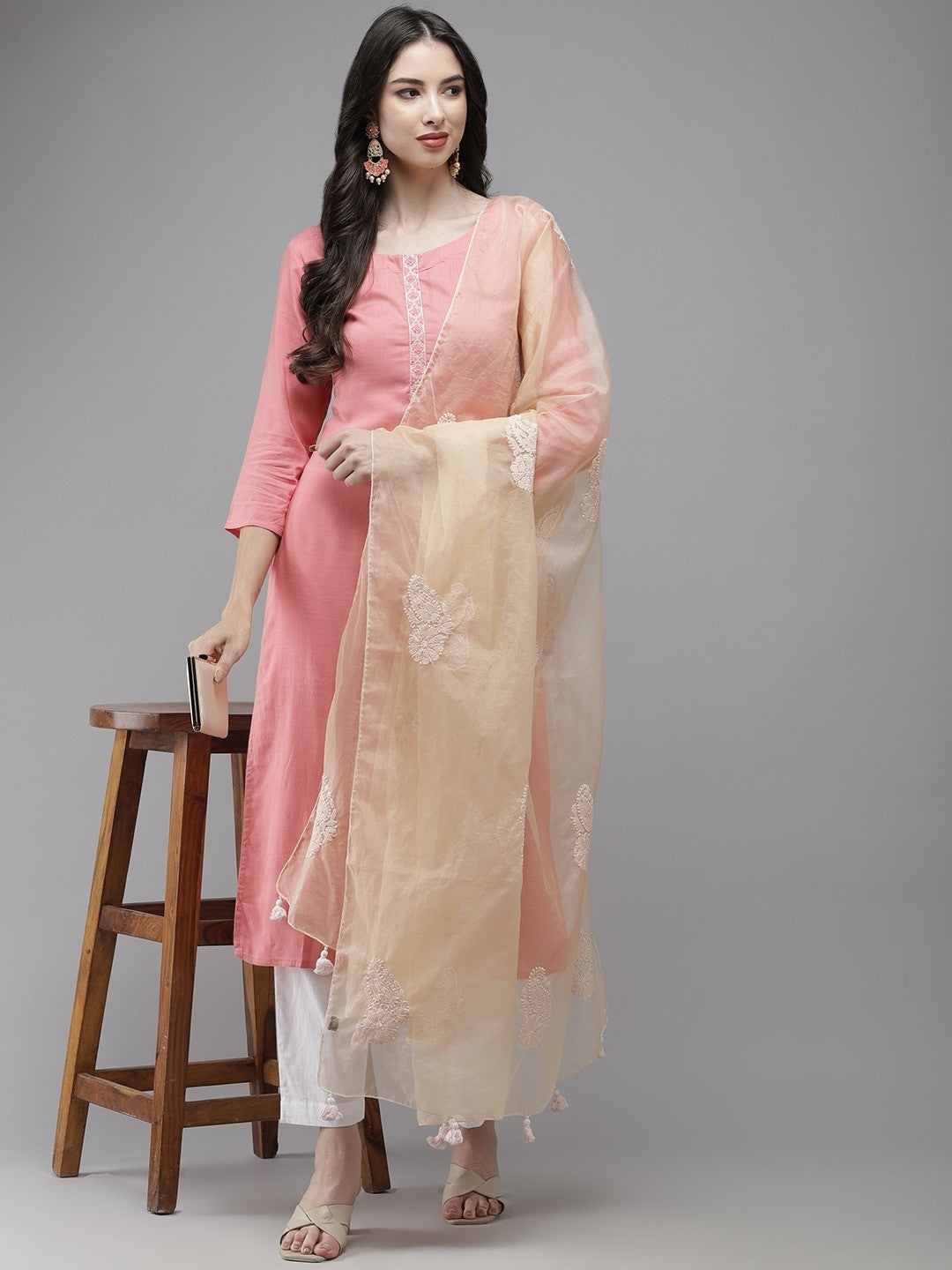 Ada Hand Embroidered Fawn Organza Lucknowi Chikankari Dupatta A511202