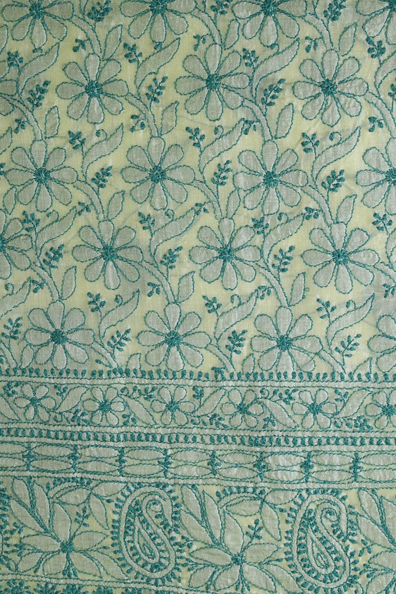 Ada Hand Embroidered Lemon Silk Lucknowi Chikan Unstitched Kurta Dupatta Set A581109